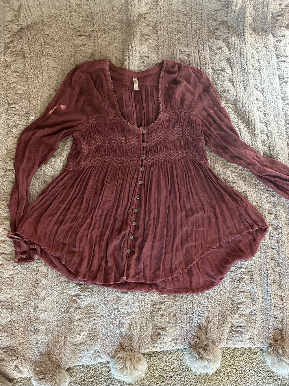 Free People Boho Crinkle Gauze Lace Button Front Blouse Medium